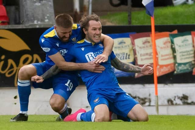 St. Johnstone's Shaun Rooney and Stevie May celebrate going 1-0 up during a Scottish Premiership play-off second leg between St. Johnstone and Inverness Caledonian Thistle at McDiarmid Park. (Photo by Craig Foy / SNS Group)