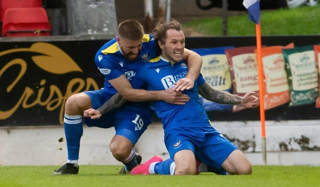 St. Johnstone's Shaun Rooney and Stevie May celebrate going 1-0 up during a Scottish Premiership play-off second leg between St. Johnstone and Inverness Caledonian Thistle at McDiarmid Park.  (Photo by Craig Foy / SNS Group)