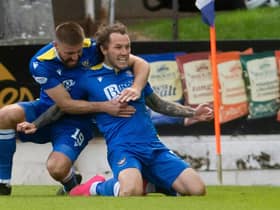 St. Johnstone's Shaun Rooney and Stevie May celebrate going 1-0 up during a Scottish Premiership play-off second leg between St. Johnstone and Inverness Caledonian Thistle at McDiarmid Park.  (Photo by Craig Foy / SNS Group)