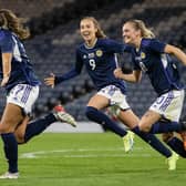 Scotland's Abi Harrison celebrates after making it 1-0 during a FIFA Women's World Cup playoff match between Scotland and Austria at Hampden Park, on October 06, 2022, in Glasgow, Scotland. (Photo by Alan Harvey / SNS Group)