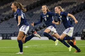 Scotland's Abi Harrison celebrates after making it 1-0 during a FIFA Women's World Cup playoff match between Scotland and Austria at Hampden Park, on October 06, 2022, in Glasgow, Scotland. (Photo by Alan Harvey / SNS Group)