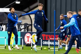 Che Adams and Jack Hendry during a Scotland training session ahead of facing France.
