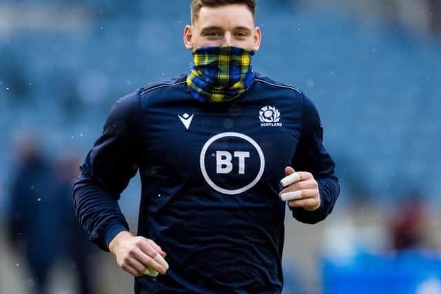 Scotland's George Taylor warms up ahead of a Guinness Six Nations tie between Scotland and Wales at BT Murrayfield, on February 13, 2021. (Photo by Ross Parker / SNS Group)