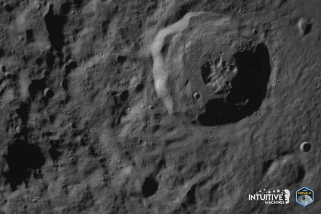 An image by the Odysseus' Terrain Relative Navigation camera of the Bel'kovich K crater in the Moon's northern equatorial highlands as the lunar lander prepares for its landing. Picture: Intuitive Machines/AFP via Getty Images