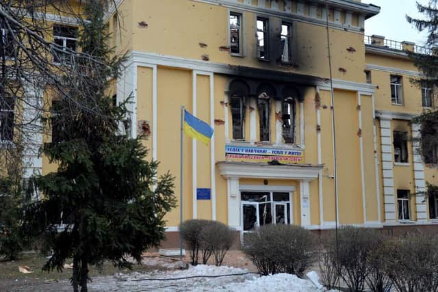 This photograph shows a view of a school destroyed as a result of fight not far from the center of Ukrainian city of Kharkiv, located some 50 km from Ukrainian-Russian border, on February 28, 2022. (Photo by Sergey BOBOK / AFP) (Photo by SERGEY BOBOK/AFP via Getty Images)