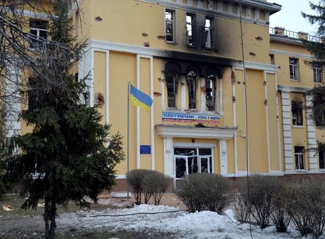 This photograph shows a view of a school destroyed as a result of fight not far from the center of Ukrainian city of Kharkiv, located some 50 km from Ukrainian-Russian border, on February 28, 2022. (Photo by Sergey BOBOK / AFP) (Photo by SERGEY BOBOK/AFP via Getty Images)