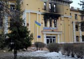 This photograph shows a view of a school destroyed as a result of fight not far from the center of Ukrainian city of Kharkiv, located some 50 km from Ukrainian-Russian border, on February 28, 2022. (Photo by Sergey BOBOK / AFP) (Photo by SERGEY BOBOK/AFP via Getty Images)