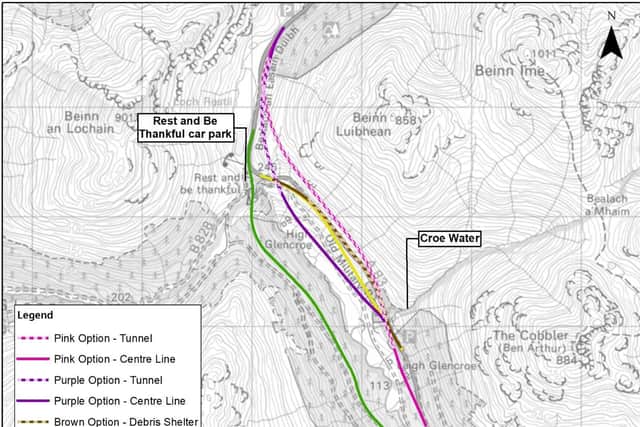 Options for the new A83 route through Glen Croe with dotted lines showing tunnels or debris shelters. Picture: Transport Scotland