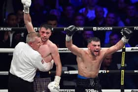 Josh Taylor (L) and Jack Catterall both celebrated at the final bell during the WBA, WBC, WBO & IBF world super-lightweight title fight at the OVO Hydro, but judges sided with the defending champion.  (Photo by Paul Devlin / SNS Group)