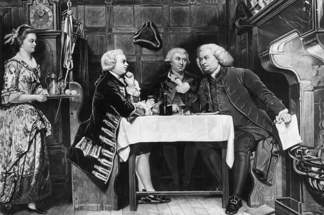 British lexicographer and writer Dr Samuel Johnson (1709-1784), with his Scottish biographer James Boswell (1740-1795) and the Irish writer Oliver Goldsmith (1728-1774) at the Mitre Tavern in an illustration by Eyre Crowe (Picture: Rischgitz/Getty Images)