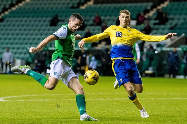 Hibs defender Paul McGinn scores to make it 2-2 against St Johnstone. Photo by Ross Parker/SNS Group