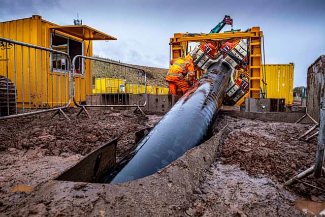 The work has seen the installation of 650 metres of plastic ducting underneath Thorntonloch Beach, near Dunbar, as part of the construction of the Neart na Gaoithe offshore wind farm. Picture: Peter Devlin