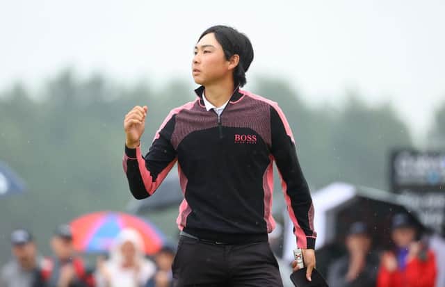 Min Woo Lee of Australia celebrates his play-off victory in the abrdn Scottish Open at The Renaissance Club. Picture: Andrew Redington/Getty Images.