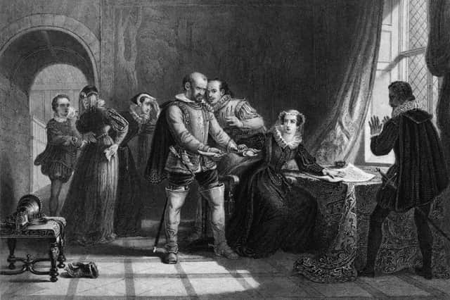 Mary Queen of Scots Compelled to Sign her Abdication in the Castle of Lochleven, engraving by T Brown from a picture by Sir William Allen. Image: Hulton Archive/Getty Images