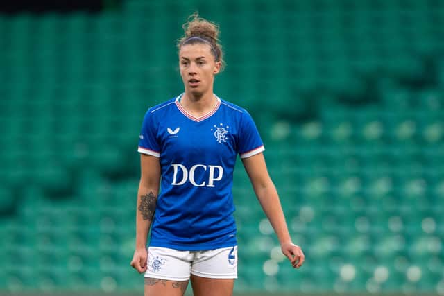 GLASGOW, SCOTLAND - APRIL 21: Nicola Docherty in action for Rangers during a SWPL match between Celtic and Rangers at Celtic Park, on April 21, 2021, in Glasgow, Scotland. (Photo by Craig Foy / SNS Group)