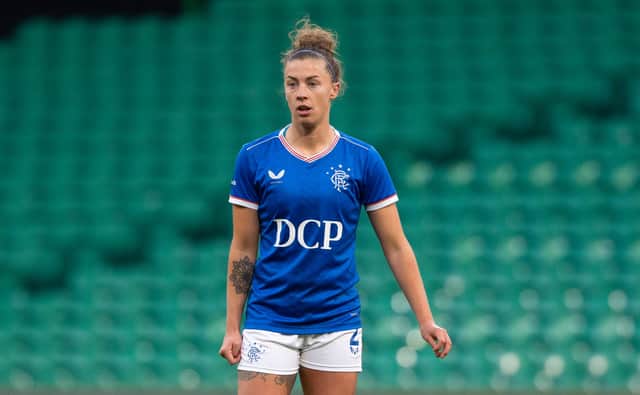 GLASGOW, SCOTLAND - APRIL 21: Nicola Docherty in action for Rangers during a SWPL match  between Celtic and Rangers at Celtic Park, on April 21, 2021, in Glasgow, Scotland. (Photo by Craig Foy / SNS Group)