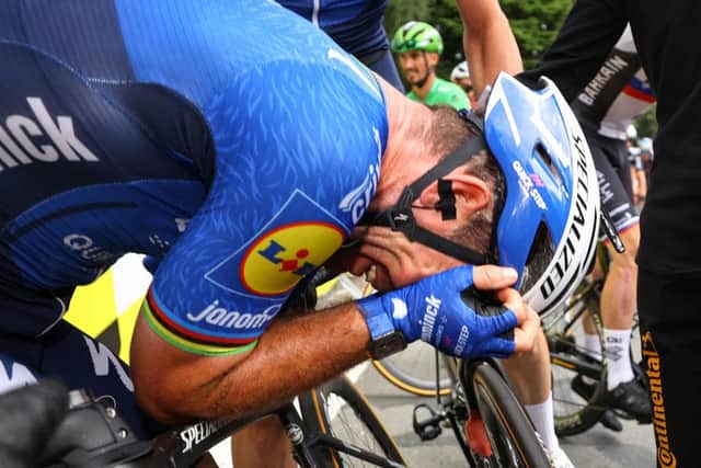 Stage winner Team Deceuninck Quickstep's Mark Cavendish of Great Britain celebrates after winning the 4th stage of the 108th edition of the Tour de France cycling race, 150 km between Redon and Fougeres, on June 29, 2021. (Photo by TIM DE WAELE/POOL/AFP via Getty Images)