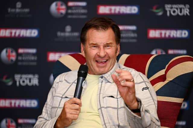 Tournament host Sir Nick Faldo talks in a press conference prior to the Betfred British Masters at The Belfry. Picture: Ross Kinnaird/Getty Images.