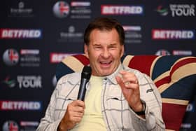 Tournament host Sir Nick Faldo talks in a press conference prior to the Betfred British Masters at The Belfry. Picture: Ross Kinnaird/Getty Images.