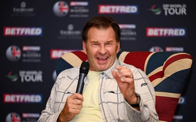 Tournament host Sir Nick Faldo talks in a press conference prior to the Betfred British Masters at The Belfry. Picture: Ross Kinnaird/Getty Images.