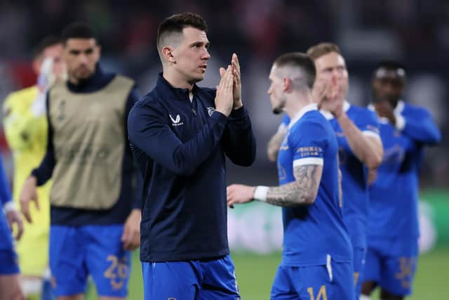 Rangers midfielder Ryan Jack, pictured applauding the travelling support in Leipzig on Thursday, could be one of the players rested this weekend ahead of next week's second leg of the Europa League semi-final. (Photo by Martin Rose/Getty Images)