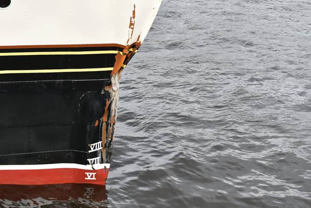 Damage to Waverley's bows from hitting Brodick pier. Picture: John Devlin