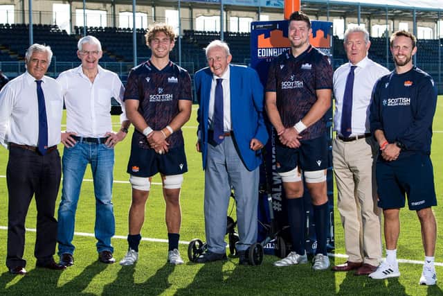 Edinburgh past and present captains, from left: Andy Irvine, Fin Calder, Jamie Ritchie, John Douglas, Grant Gilchrist, Gavin Hastings and head coach Mike Blair. (Photo by Ross Parker / SNS Group)