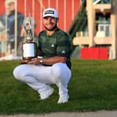 Tyrrell Hatton celebrates his fourth Rolex Series victory after winning the Abu Dhabi HSBC Championship at Abu Dhabi Golf Club in January. Picture: Ross Kinnaird/Getty Images.