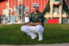 Tyrrell Hatton celebrates his fourth Rolex Series victory after winning the Abu Dhabi HSBC Championship at Abu Dhabi Golf Club in January. Picture: Ross Kinnaird/Getty Images.