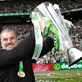 Celtic manager Ange Postecoglou with the cinch Premiership trophy. (Photo by Craig Williamson / SNS Group)
