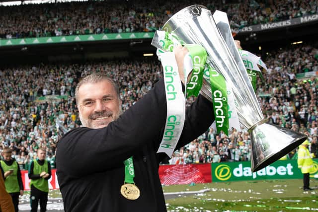 Celtic manager Ange Postecoglou with the cinch Premiership trophy. (Photo by Craig Williamson / SNS Group)