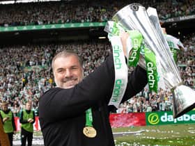 Celtic manager Ange Postecoglou with the cinch Premiership trophy. (Photo by Craig Williamson / SNS Group)
