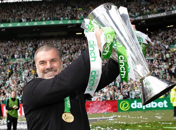 Celtic manager Ange Postecoglou with the cinch Premiership trophy. (Photo by Craig Williamson / SNS Group)