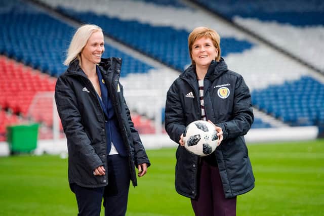 First Minister Nicola Sturgeon (right) at Hampden Park with Scotland Women's national team manager Shelley Kerr. Picture: SNS
