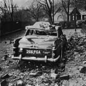 A car damaged by falling debris in Glasgow in January 1968 after a fierce storm swept in, killing 20.  (Photo by Keystone/Getty Images)