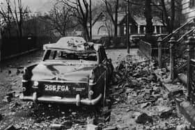 A car damaged by falling debris in Glasgow in January 1968 after a fierce storm swept in, killing 20.  (Photo by Keystone/Getty Images)