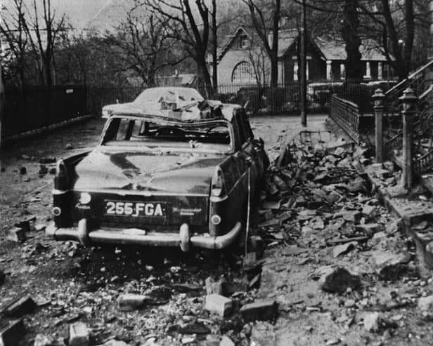 A car damaged by falling debris in Glasgow in January 1968 after a fierce storm swept in, killing 20.  (Photo by Keystone/Getty Images)