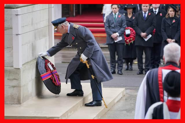 King Charles III lays a wreath during the Remembrance Sunday service at the Cenotaph, in Whitehall, London. PIC: Jonathan Brady/PA Wire
