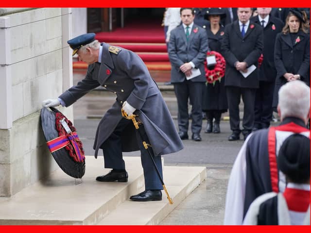 King Charles III lays a wreath during the Remembrance Sunday service at the Cenotaph, in Whitehall, London. PIC:  Jonathan Brady/PA Wire