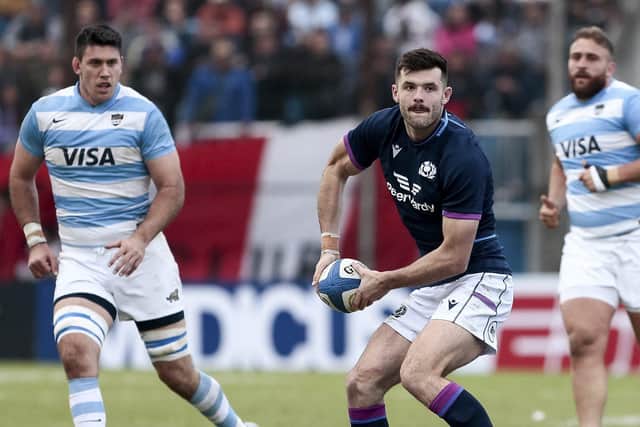 Scotland's Blair Kinghorn tries to spark an attack during the first Test against Argentina. (Photo by Pablo Gasparini/AFP via Getty Images)