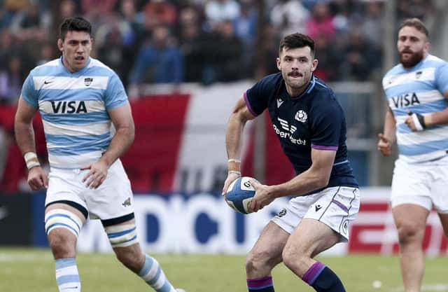 Scotland's Blair Kinghorn tries to spark an attack during the first Test against Argentina.  (Photo by Pablo Gasparini/AFP via Getty Images)