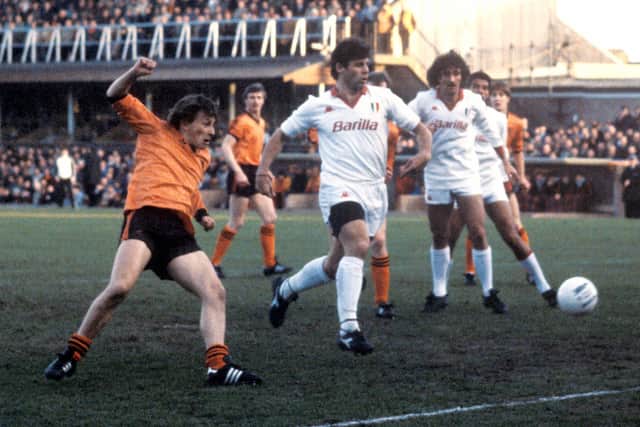 Dundee United's Paul Sturrock goes close against Roma in the 1984 European Cup semi-final first leg.