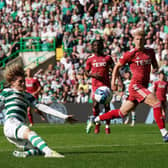 Celtic's Kyogo Furuhashi attempts a shot on goal during the cinch Premiership match at Celtic Park, Glasgow.