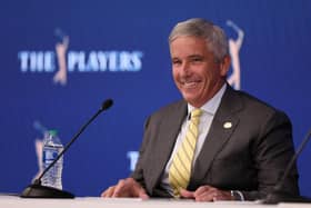 Jay Monahan, commissioner of the PGA Tour, speaks to the media prior to the 50th anniversary of The Players Championship at TPC Sawgrass in Ponte Vedra Beach, Florida. Picture: Richard Heathcote/Getty Images.