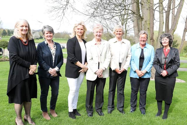 Cathy Panton-Lewis, far, left, was among seven of the nine founding WPGA Members who attended a lunch at The Belfry in celebration of them becoming PGA honorary members in 2017. Also pictured are, from left: Jane Forrest, Jane Denman (nee Chapman), Maxine Burton, Denise Hastings, Christine Langford and Susan Bamford. Beverly Huke and Joanna Smurthwaite were unable to attend. Picture: Adrian Milledge.
