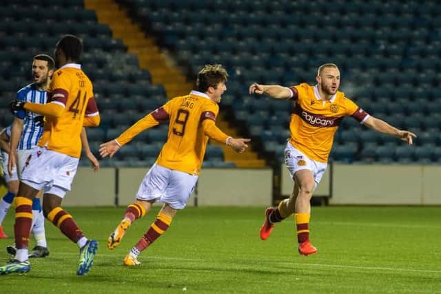 Alan Campbell celebrates his goal to make it 1-0 Motherwell during a Scottish Premiership match between Kilmarnock and Motherwell at Rugby Park on February 10, 2021, in Kilmarnock, Scotland (Photo by Craig Foy / SNS Group)