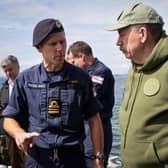 Ukraine deputy defence minister Volodymyr Havrylov (right) as he visits a Royal Navy Sandown Class mine hunter at sea off the coat of Scotland, to witness first-hand the training being provided to Ukrainian sailors. Picture: Ministry of Defence Crown copyright/PA Wire