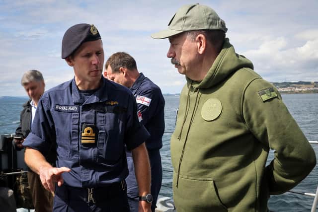 Ukraine deputy defence minister Volodymyr Havrylov (right) as he visits a Royal Navy Sandown Class mine hunter at sea off the coat of Scotland, to witness first-hand the training being provided to Ukrainian sailors. Picture: Ministry of Defence Crown copyright/PA Wire
