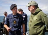 Ukraine deputy defence minister Volodymyr Havrylov (right) as he visits a Royal Navy Sandown Class mine hunter at sea off the coat of Scotland, to witness first-hand the training being provided to Ukrainian sailors. Picture: Ministry of Defence Crown copyright/PA Wire