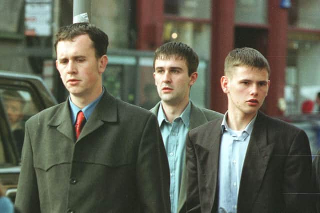 An image from the time of the rape trial more than 20 years ago. Pictured left to right - David Pugh, Kevin Kane and Brian Meighan. Pic: Ciaran Donnelly.